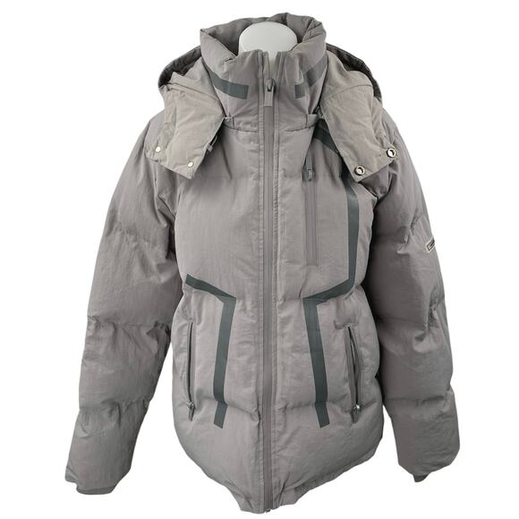 Manier De Voir Women's Gray Tan Full Zip Hoodie Hooded Puffer Coat Jacket Size L - Picture 1 of 6